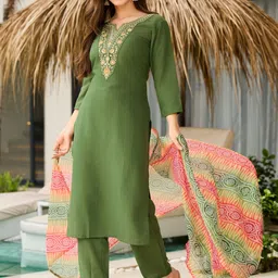 URMIR FASHION Women Ethnic Motifs Embroidered Regular Thread Work Kurta with Trousers & With Dupatta-picture-2