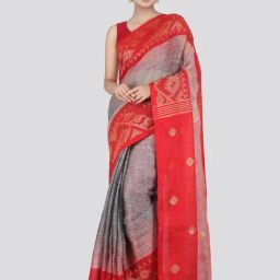 Pinkloom Grey Linen Woven Saree With Unstitched Blouse-picture-28