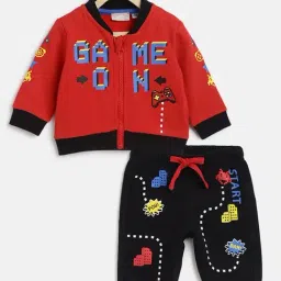 Chicco Kids Red & Black Cotton Printed Full Sleeves Jacket Set-image-98