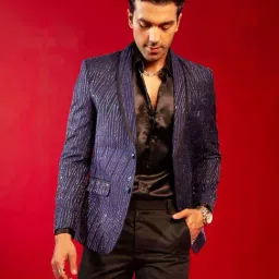 Vastramay Navy Regular Fit Embellished Blazer-image-99