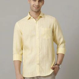 Linen Club Yellow Linen Regular Fit Striped Shirt-image-126
