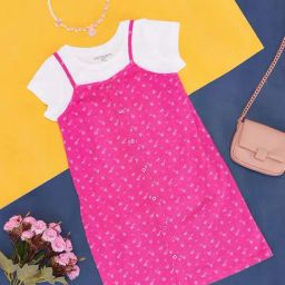 Pantaloons Junior Pink & White Cotton Floral Print Dress Set-image-50