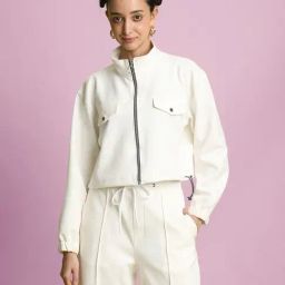 Bene Kleed Off White Cotton Crop Open Front Jacket with Embroidered-48