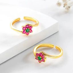 Peora Gold-Plated Pink Green Cubic Zirconia Studded Adjustable Toe Rings-image-43