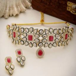 NVR Red & Gold Kundan Studded Handcrafted Choker Jewellery Set for Women-5