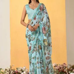 Saree Mall Turquoise Embellished Sarees With Unstitched Blouse-image-15