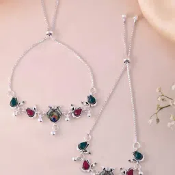 VOJ Set Of 2 Silver-Plated Peacock Shaped Stone Studded Anklets-image-106