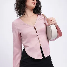 glitchez Playful Plisse Asymmetric Hem Satin Button-Up Top-image-90