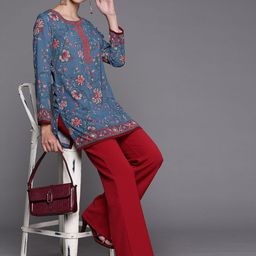 Biba Women Teal & Maroon Ethnic Motifs Printed Kurti-picture-10