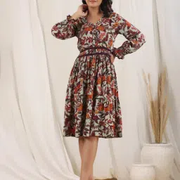 Rain and Rainbow Multicolor Floral Print Fit & Flare Ethnic Dress-picture-5