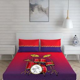 Boutique Living Musically Yours Red & Blue Cotton 140 TC King Size Bed Sheet with Pillow Cover-image-53
