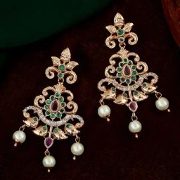 Estele Rose Gold-Plated CZ Swirling Symphony Pearl & Crystals Dangler Earrings-73