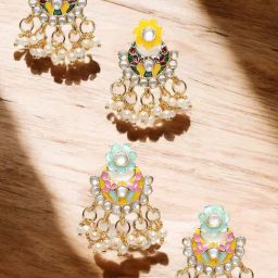 OOMPH Yellow and Turquoise Firozi Blue Kundan and Meenakari Drop Earrings Pack of 2-22