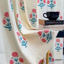 Urban Space White & Pink Cotton Floral Printed Long Door Curtain - Set of 2-41