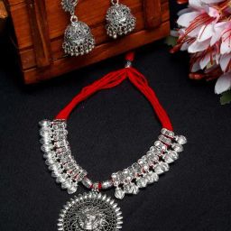 YouBella Silver Plated Stylish Latest Traditional Red Jewellery Set-44