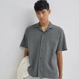 ETA by Westside Olive Stripe Pattern Relaxed-Fit Cotton Blend Shirt-image-75