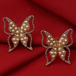 OOMPH Gold Tone Pearl Butterfly Fashion Large Stud Earrings-image-23
