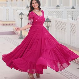 Fashion Basket Floral Embroidered Georgette Tiered Fit And Flare Ethnic Dress-image-61