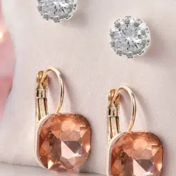 OOMPHSilver Crown Cubic Zirconia and Gold Square Ear Stud and Drop Earrings Pack of 2-image-3