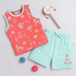 Bumzee Kids Coral & Mint Green Cotton Printed T-Shirt Set-picture-37