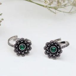 Teejh Ethnic Tishya Green Stone Silver Oxidized Toe Rings for Women-image-84