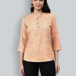 Lyra Orange Mandarin Collar Printed Top-image-2