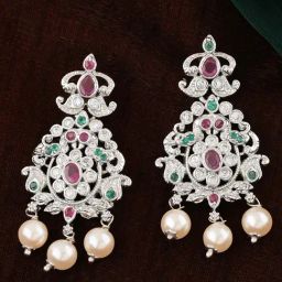 Estele Rhodium-Plated CZ Enchanting Bridal Pearl & Crystals Dangler Earrings-20