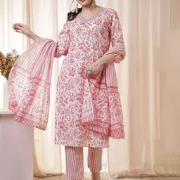 Anouk Floral Printed V-Neck Pure Cotton Straight Kurta With Trousers & Dupatta-picture-16