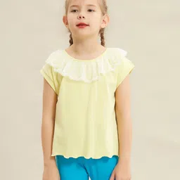 Kookie Kids Short Sleeves Solid Top with Lace Detailing - Yellow-picture-26