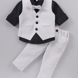 Mark & Mia Woven Full Sleeves Solid Shirt & Trouser Set With Waistcoat & Bow - White & Black-picture-33