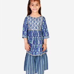 Superminis Three fourth Sleeves Floral Print  Kurti Sharara Set - Blue-image-72