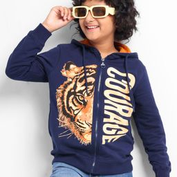 Pine Kids Full Sleeves Hooded Front Open Biowashed Sweatjacket Tiger Print - Navy Blue-picture-25