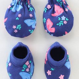 Babyhug 100% Cotton Knit Mittens & Booties Floral Print - Navy Blue-image-95