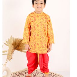 Superminis Full Sleeves Floral Printed Kurta With Dhoti - Mustard Yellow & Red-image-15