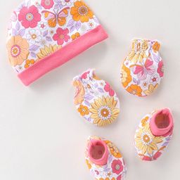 Babyhug 100% Cotton Interlock Knit Cap Mittens & Booties Set with Floral Print - Pink & White-image-30