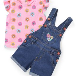 Babyhug Single Jersey Woven Dungaree and Frill Sleeves T-Shirt Floral Theme - Pink & Blue-image-43