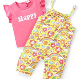 Babyhug Single Jersey Knit Dungarees Half Sleeves T-Shirt with Text & Floral Print - Multicolour-image-41