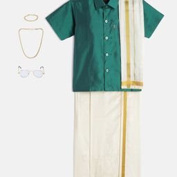 THANGAMAGAN Viscose Half Sleeves Solid Shirt With Mundu & Angavastram With Freebies Set - Parrot Green-image-73