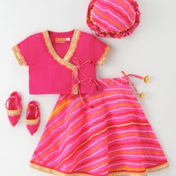 Exclusive from Jaipur Cotton Woven Half Sleeves Lace Detailed Striped Choli Lehenga Set with Mojaris & Cap - Rani Pink-picture-25