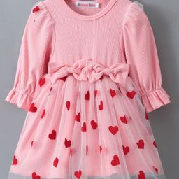 Kookie Kids Full Sleeves Party Frock with Heart & Bow Detailing - Pink-image-75