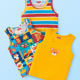 Babyhug 100% Cotton Sleeveless Sandos With Stripes & Animal Print Pack of 3 - Yellow & Blue-picture-4