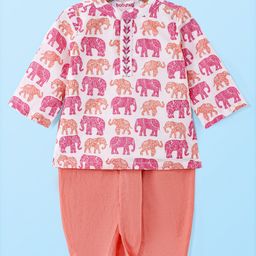 Babyhug Cotton Woven Full Sleeves  Kurta Dhoti Set  with Elephant Print - White & Pink-image-34