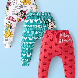 Babyhug Disney 100% Cotton Knit Diaper Leggings with Mickey Mouse & Friends Graphics Pack of 3- Red White & Green-image-100