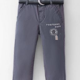 Olio Kids Cotton Woven Full Length  Trousers With Embroidery & Belt - Grey-image-28