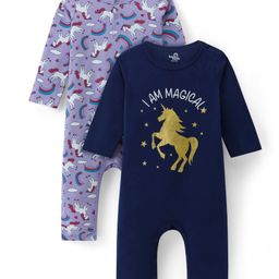 Doodle Poodle 100% Cotton Knit Full Sleeves Unicorn Printed Romper Pack of 2 - Navy & Purple-image-89