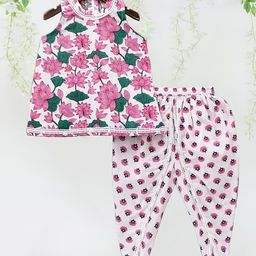 Bolly Lounge Sleeveless Floral Printed & Lace Embellished Hem Kurti With Pant - Pink-image-72