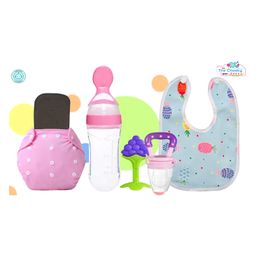 The Cheeky Kidzz Baby Soft Silicone Fruit Nibbler Teether | Baby Squeeze Spoon Silicone Bottle BPA Free | Everyday Feeding Cotton Button Bib Set | Reusable Cloth Diaper And Bamboo Insert Pad (PINK)-97
