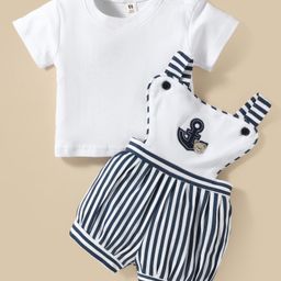 ToffyHouse Cotton Knit Striped Dungaree & Half Sleeves T-Shirt With Anchor Patch - Navy Blue & White-image-17