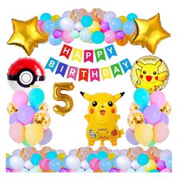Bubble Trouble Fifth 5th Happy Birthday Decoration Poke Theme Combo Kit Items With Pastel Balloons HB day Papper Banner For Little Kids Theme Birthday Party Decorations Multi Color - Pack of 37-3