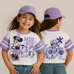 Pine Kids Disney Terry Knit Half Drop Shoulder Sleeves Oversized T-Shirt with Minnie Mouse Front & Back Graphics - White-image-69